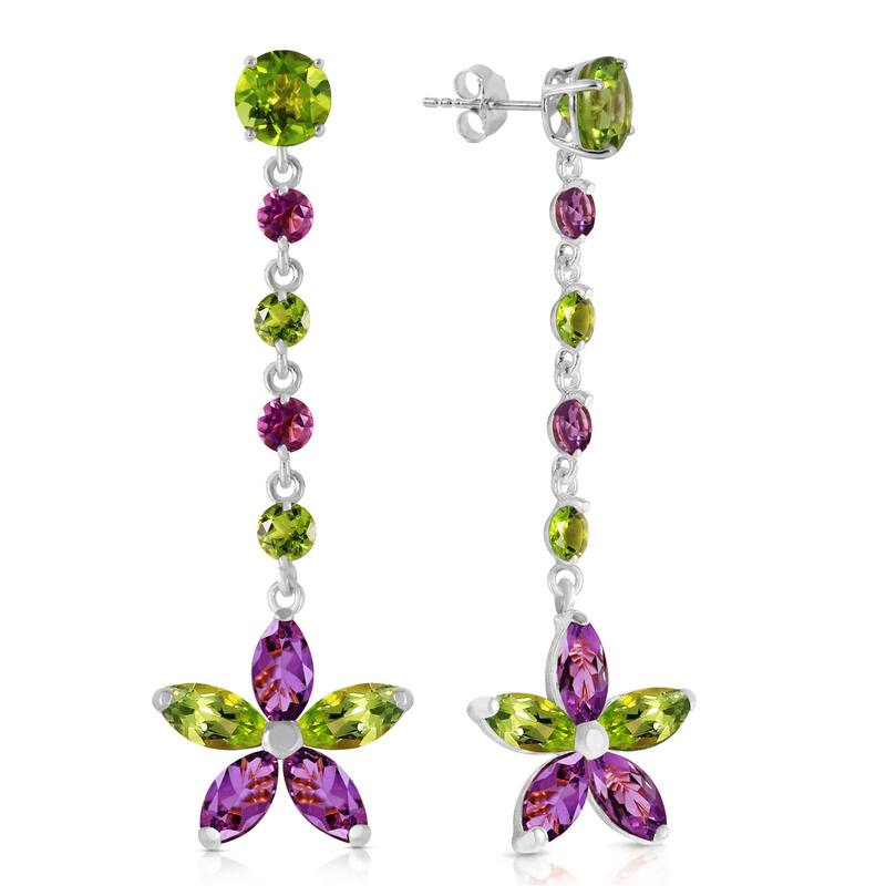 14K Solid Gold Chandelier Gemstone Earrings w/ Peridot & Amethyst - White