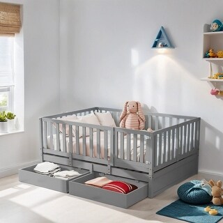 Full Size Wood Daybed with Fence Guardrails and 2 Drawers Split into Independent Floor Bed and Daybed, Gray