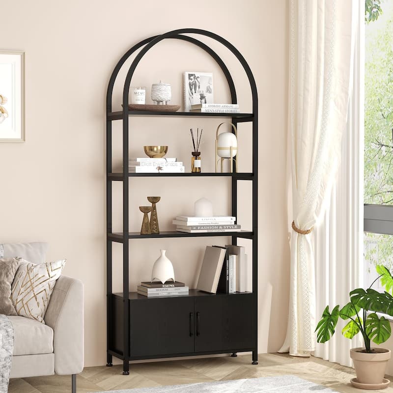 71.5 Inch Open Bookshelf with 2 Doors and 4 Shelves, Tall Standing Bookshelves Metal Frame Storage - Black