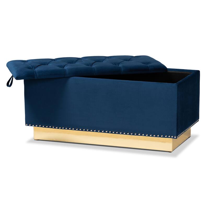 Powell Glam and Luxe Velvet Fabric and Gold PU Leather Storage Ottoman