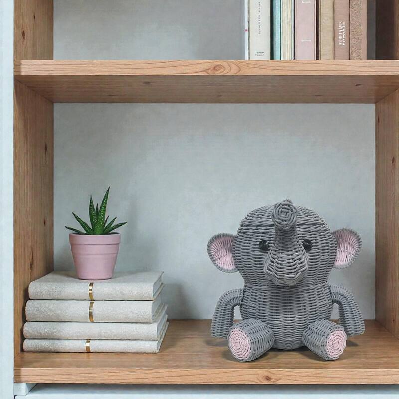 Large Gray Elephant Rattan Storage Basket With Lid Hand Woven Shelf Organizer Handmade Gift Wicker