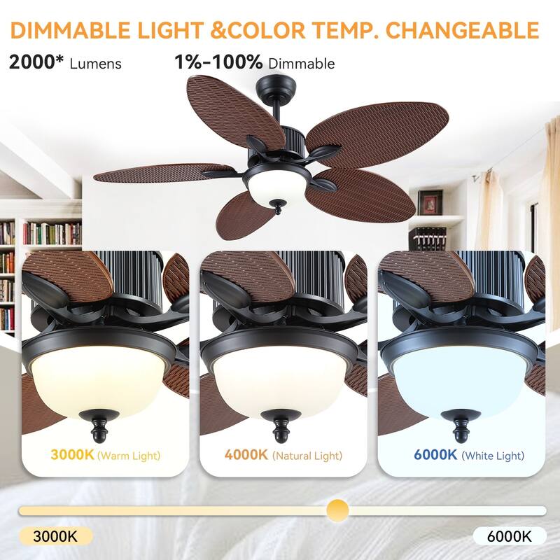 50 Inch Tropical Ceiling Fan with Llight Brown Palm Leaf Blades Glass Light Cover - 50 Inches