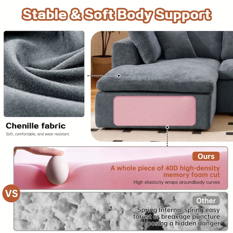 L-Shaped Chenille Sectional Sofa with Chaise Lounge, Living Room Modular Leisure Couch Chenille Sleeper Sofa
