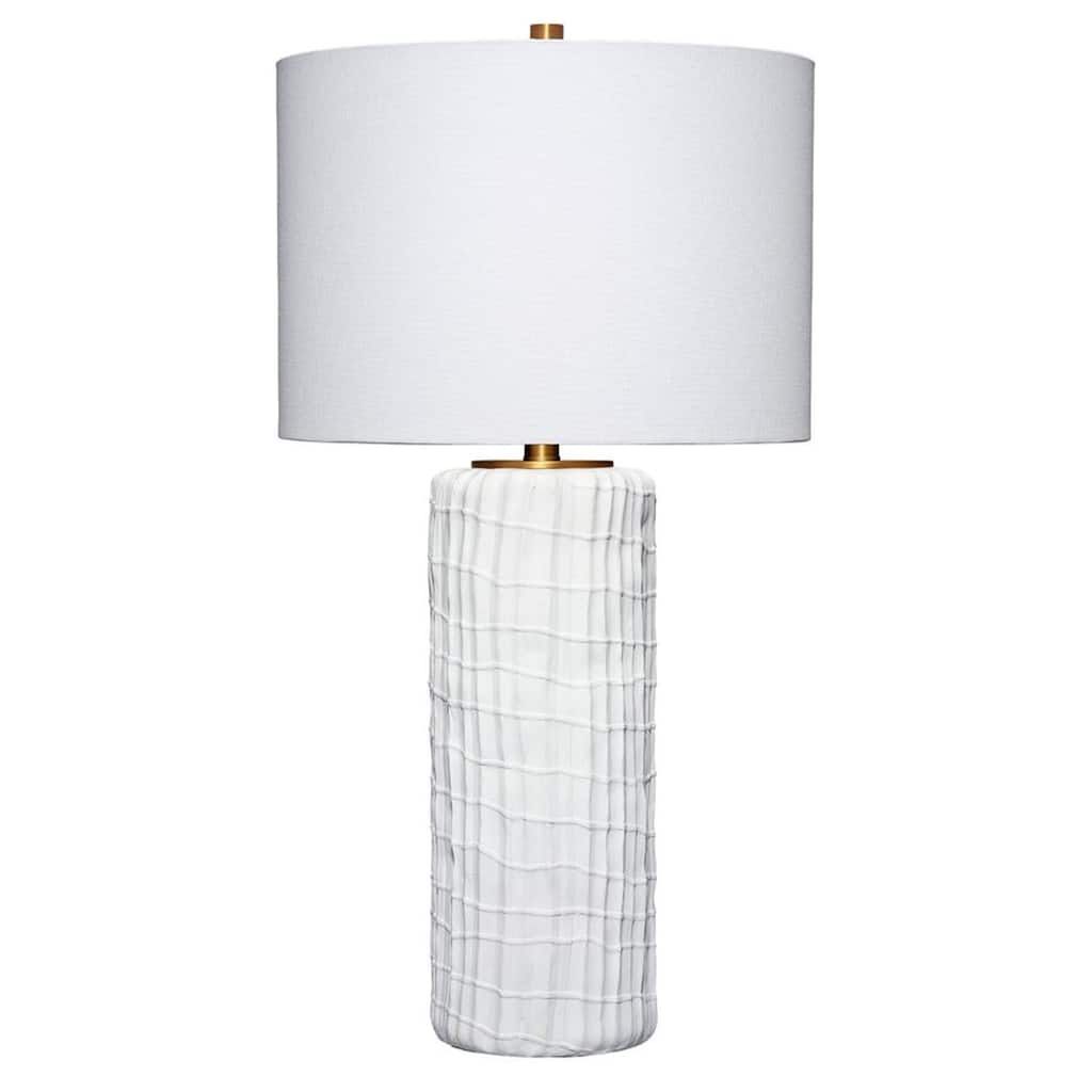 Mena 28 Inch Table Lamp, Round Drum Shade, Grid Pattern White Base
