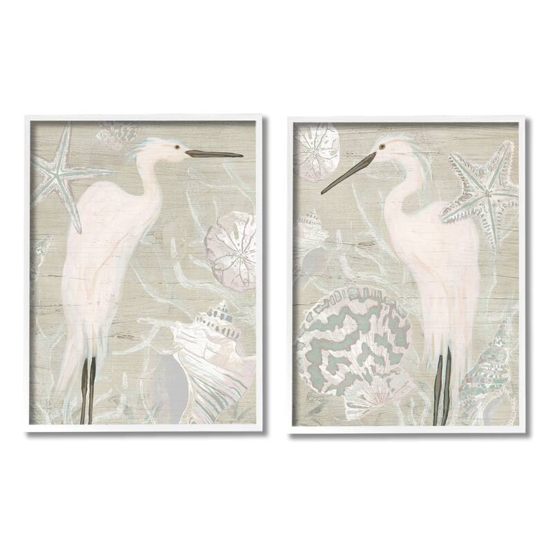 Stupell White Heron Nautical Seashells Rustic Starfish Wildlife 2 Piece Framed Wall Art, Design by June Erica Vess - Beige - 11 x 14 - White
