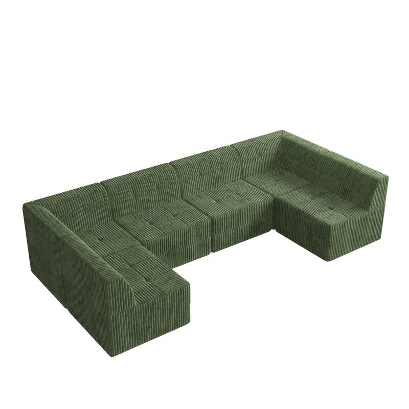 130.32" U-Shaped Corduroy Modular Sectional Sofa with No-Assembly Foam Construction & Convertible Sleeper (6/7/9-Seater Options)