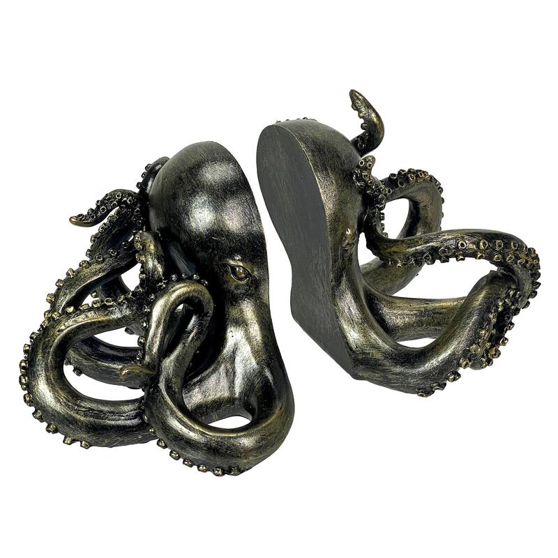 Bronze Octopus Bookends Set Of 2 Nautical Polyresin Coastal Shelf - 5 X 10 X 8 inches