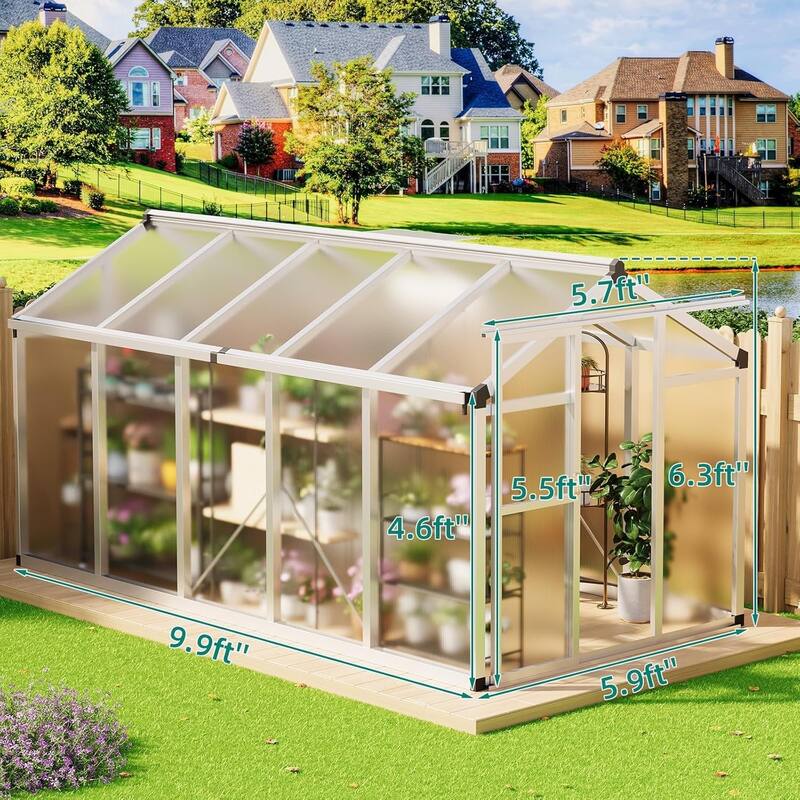 6x10 Ft. Large Walk-In Outdoor Polycarbonate Greenhouse Perfect For Backyards, Patios, And Lawns, Sliver - 6 x 10 x 6.5FT