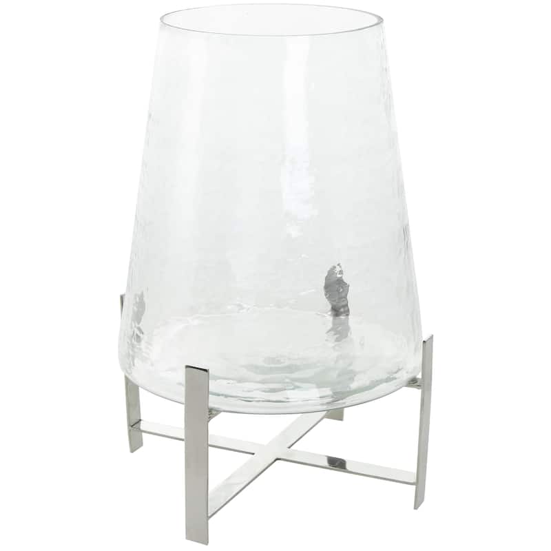 Stainless Steel Metal Hurricane Lamp with Stainless Steel X Shaped Base - Clear - Roche River Decor