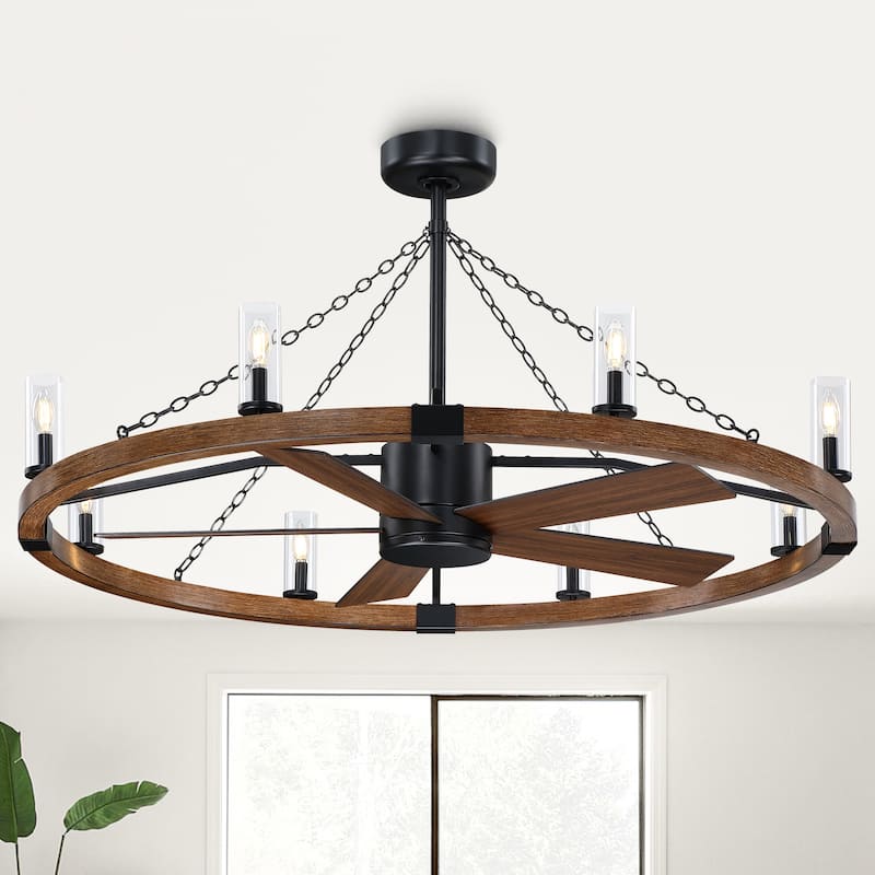 52" Farmhouse Black Wagon Wheel Caged Chandelier Ceiling Fan with Light and Remote
