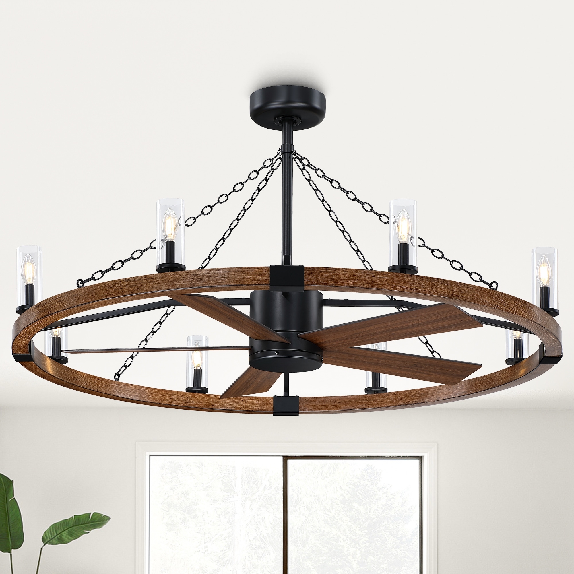 52" Farmhouse Black Wagon Wheel Caged Ceiling Fan Chandelier with Remote