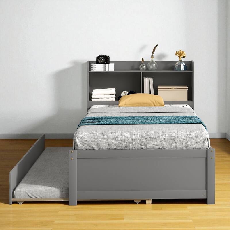 Twin/Full Bed Frame with Pull-Out Trundle and Bookcase Headboard, No Box Spring Needed - Grey - Twin