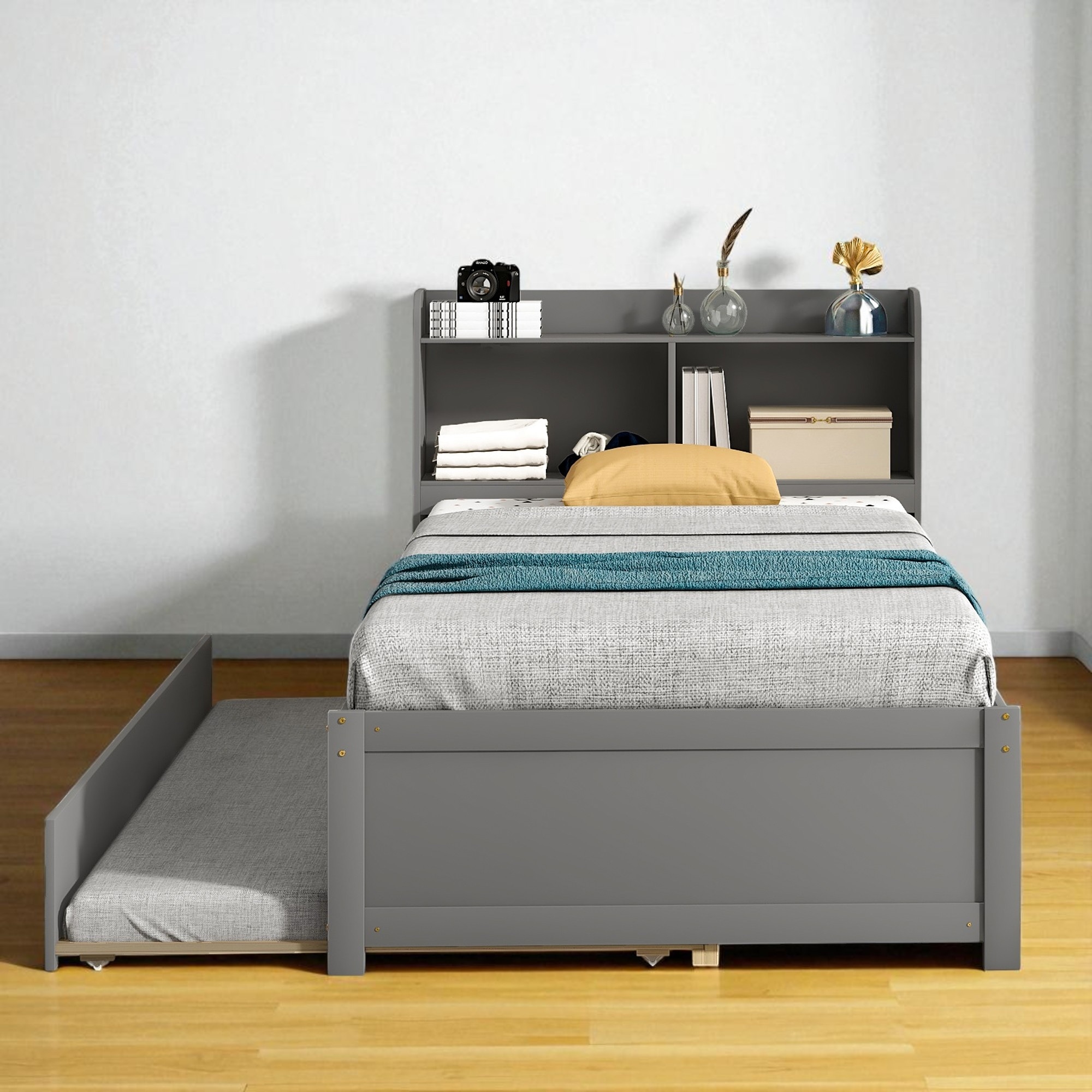 Twin/Full Bed Frame with Pull-Out Trundle and Bookcase Headboard, No Box Spring Needed