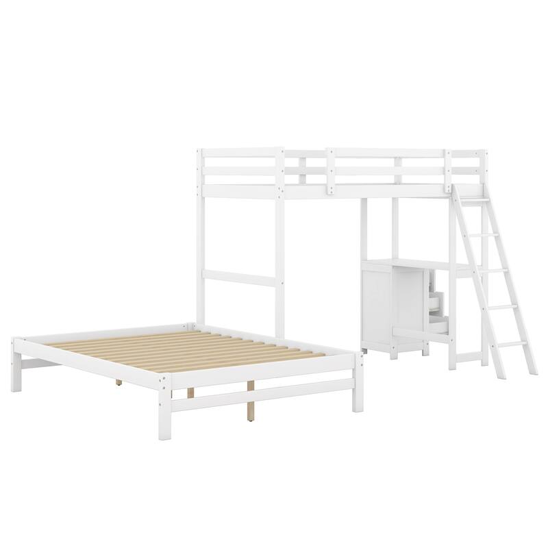 Twin Over Full Bunk Bed with Built-in Desk and Three Drawers, White