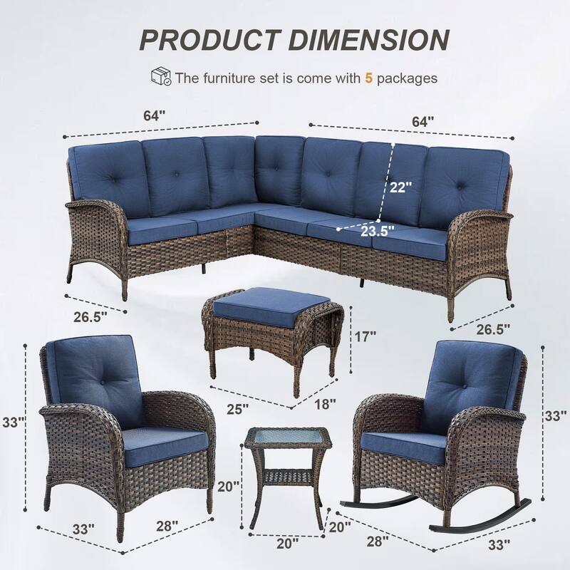 Gymojoy L-Shaped Outdoor Sectional Sofa Set with Rocking Chairs & Side Table