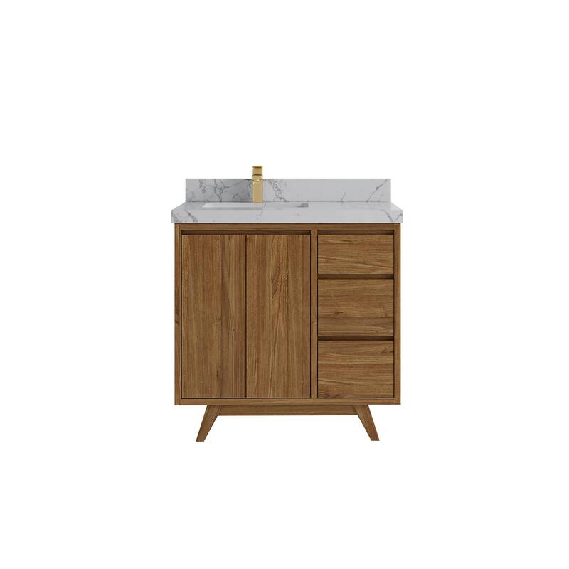 Willow Collections 36 in. W x 22 in. D Madison Teak Left Offset Sink Bathroom Vanity with Countertop - 2"Venatino Quartz - Gold Teak