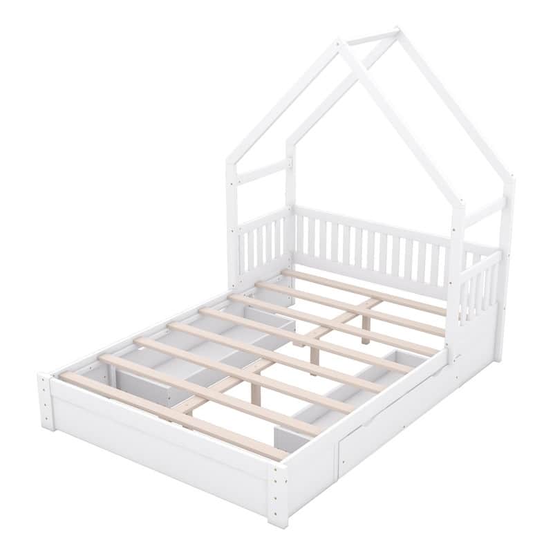 Queen Size House Shape Platform Bed Frame Safety Guardrail Storage Drawers Kids Bed