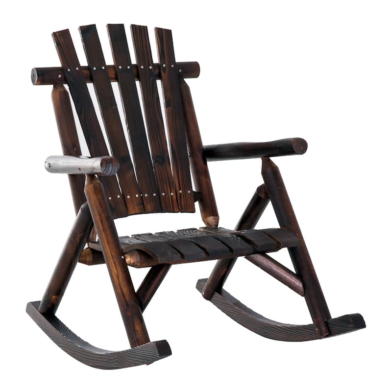 Outsunny Outdoor Rustic Adirondack Rocking Chair, Fir Wood Log Slatted Design Patio Rocker for Porch Garden Lounging
