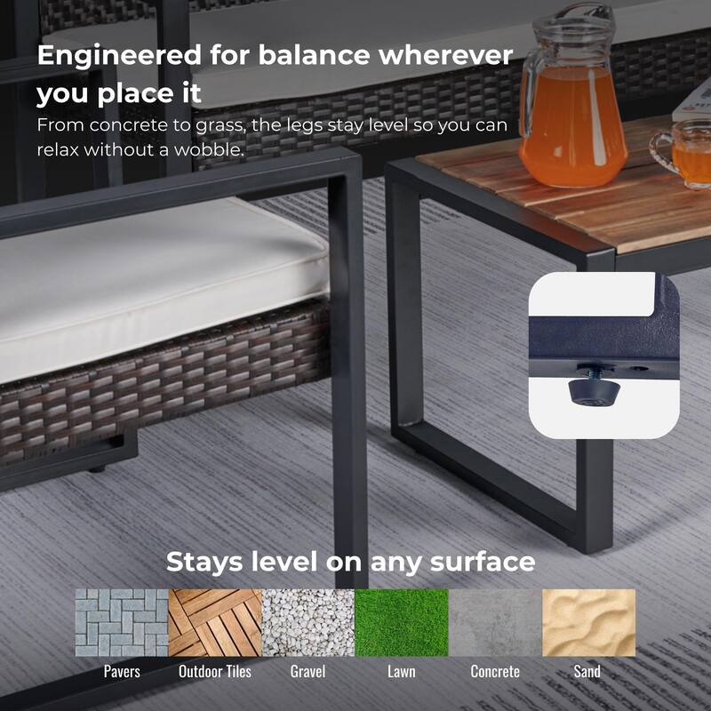 Anmytek Stylish Comfortable 4 Piece Acacia Wood Table Top Patio Furniture Set with Modern Brown Beige Cushions