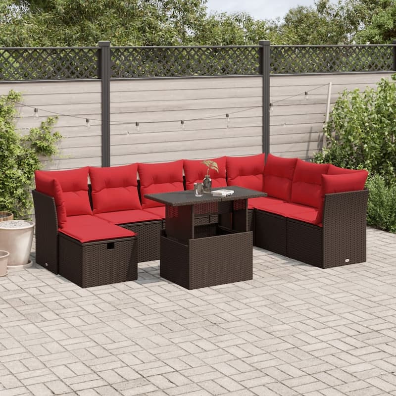 vidaXL Patio Sofa Set with Cushions and Table Outdoor Garden 9 Piece Poly Rattan - 24.4" x 24.4" x 27.2" - Brown