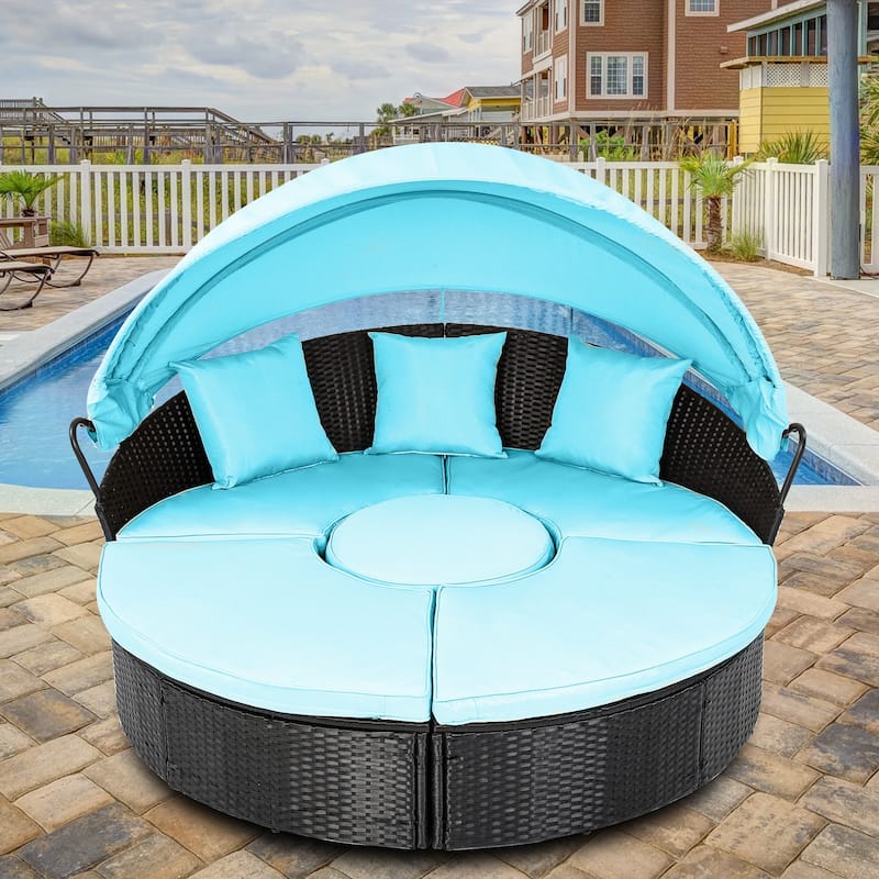 Moasis Patio Round Outdoor Daybed with Retractable Canopy - 71"L x71"W x 55"H - Blue
