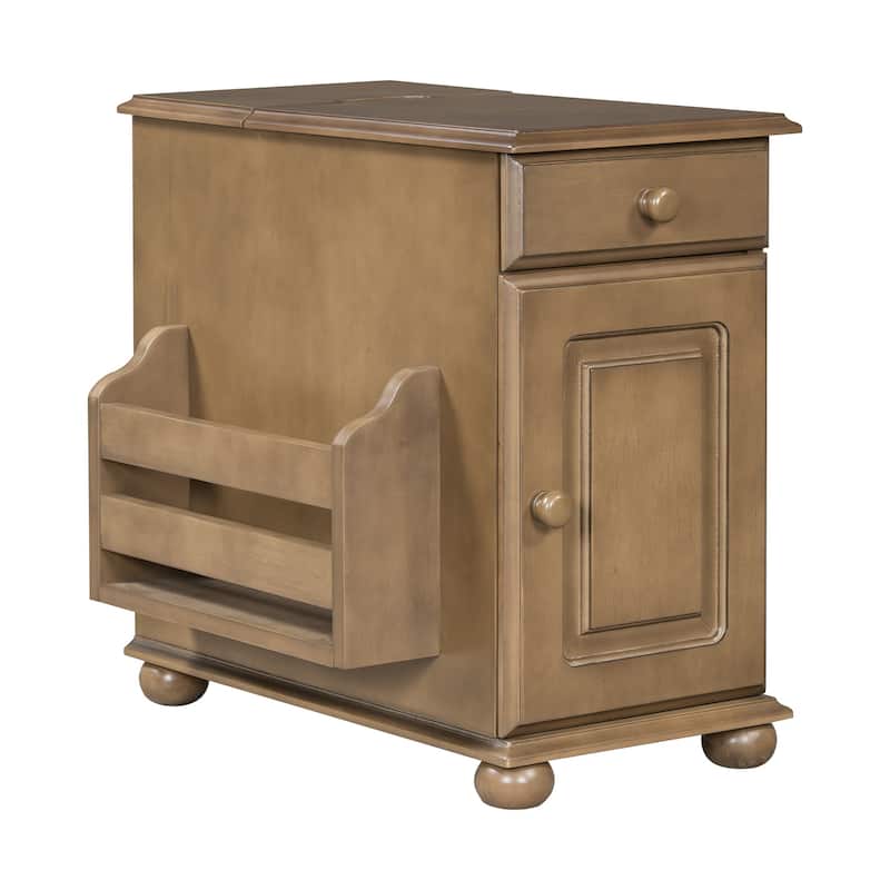 Vintage End Table Flip Top Side Table with USB Ports - Brown