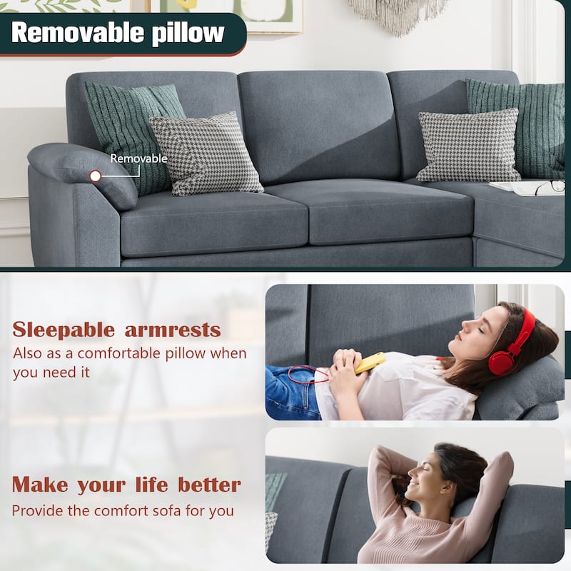 Futzca ​Sectional Sofa Couch, 3 Seat L Shaped Sofa with Removable Pillows
