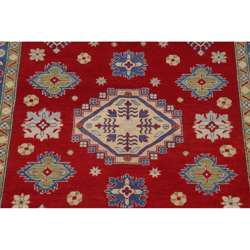 Geometric Red Kazak Oriental Area Rug Living Room Handmade Wool Carpet - 6'7" x 9'10"
