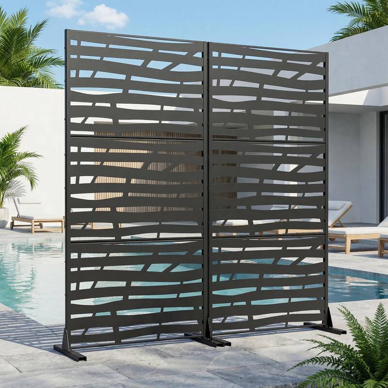 Metal Privacy Screen Fence Panel with Stylish Pattern Set of 2 - Black - 72"x35"