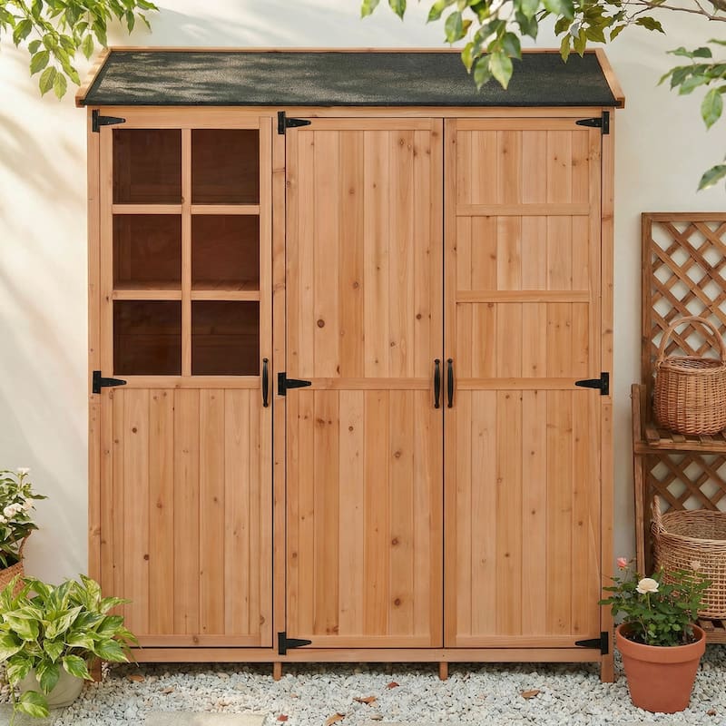 72" Large Patio Garden Shed with Waterproof Roof, Outdoor Storage Cabinet with Workstation & Hooks