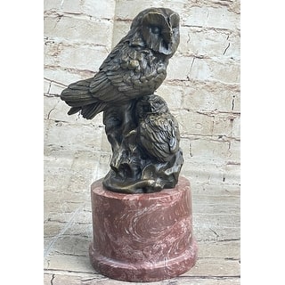 Bronze Sculpture Statue Of Two Owls Birds On A Red Marble Base Signed Milo
