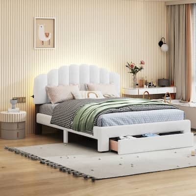 Teddy Fleece Queen Size Upholstered Platform Bed with 1 Drawer