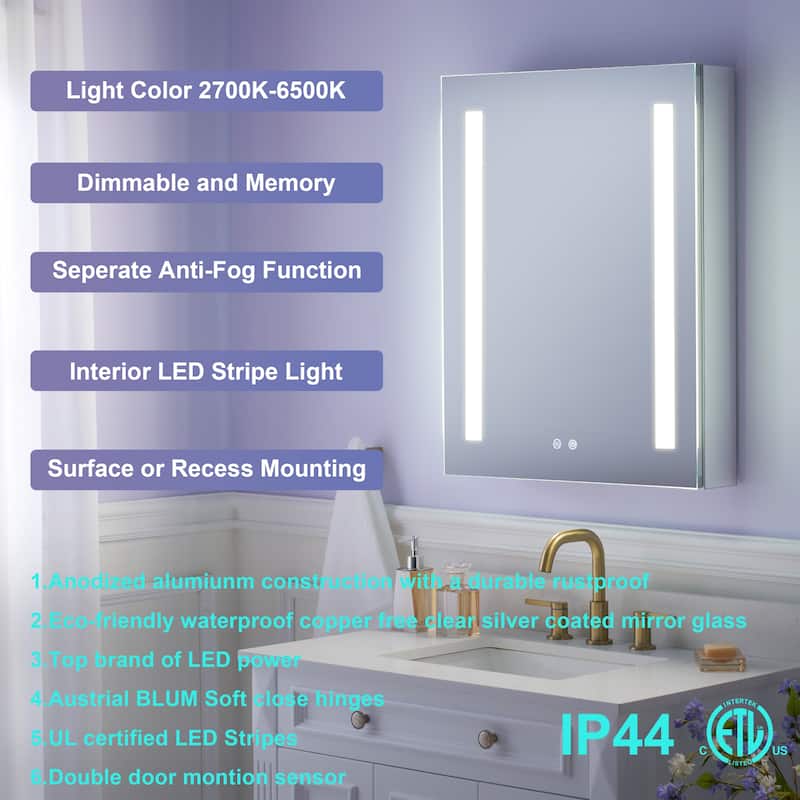 Recessed or Surface 30" H LED Mirror Cabinet with Adjustable Glass Shelves,Defogger, Dimmer And Outlets & USB Ports - 24"W X30"H,Left Open