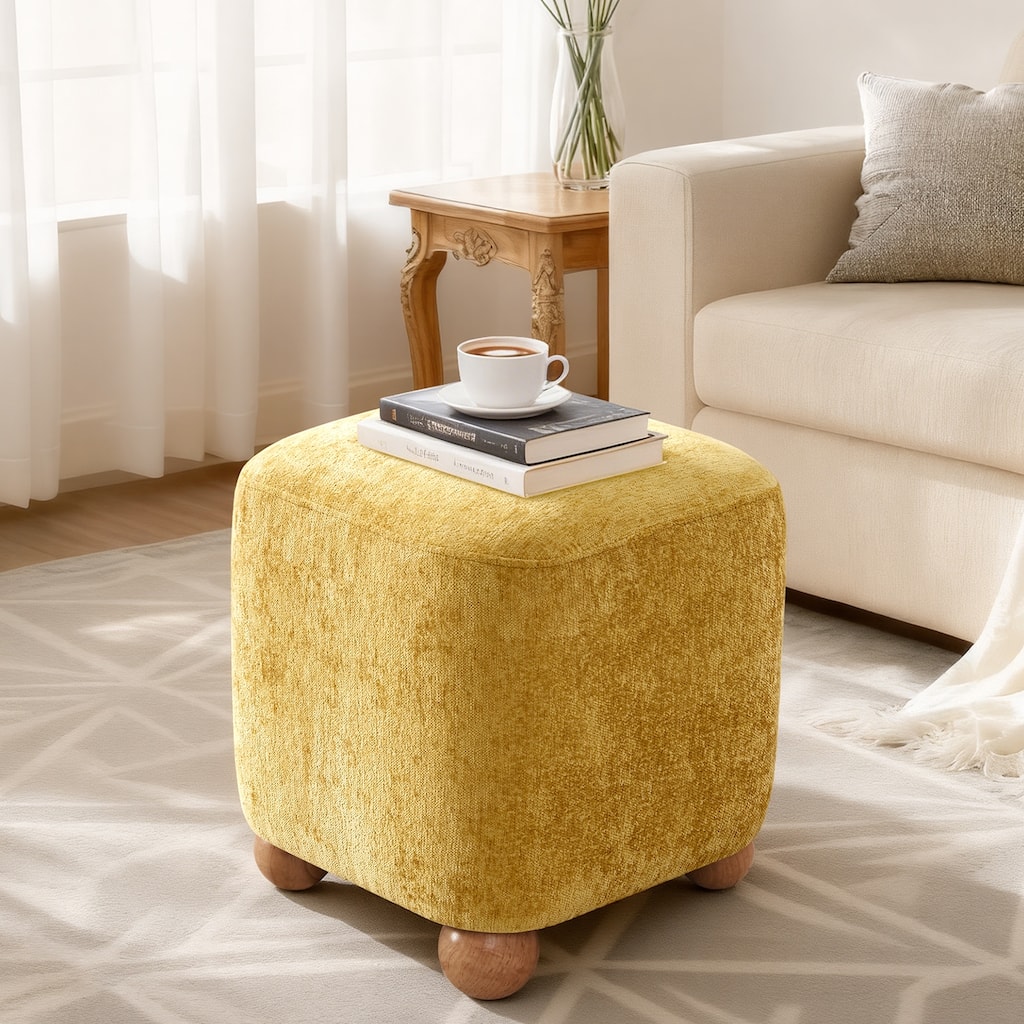 Chenille Upholstered Pouf Ottoman Footstool Acacia Solid Wood Footrest