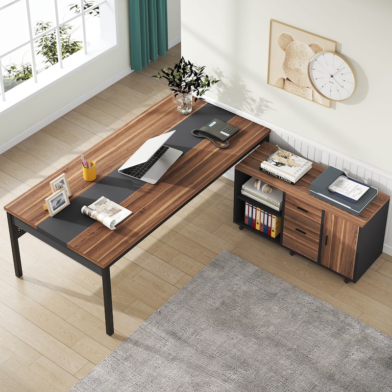 71 Inch Executive Desk with Mobile File Cabinet, L-Shaped Desk with Drawers & Shelves, Large Computer Desk for Home Office