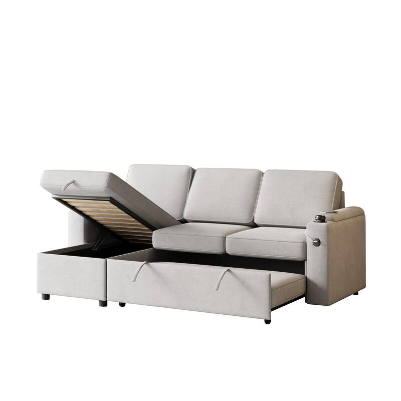 2 in 1 Pull Out Sofa Bed with Storage Chaise, 85.8" Reversible Sleeper Sofa with Pulley for Livingroom L Shaped Sectional Sofa