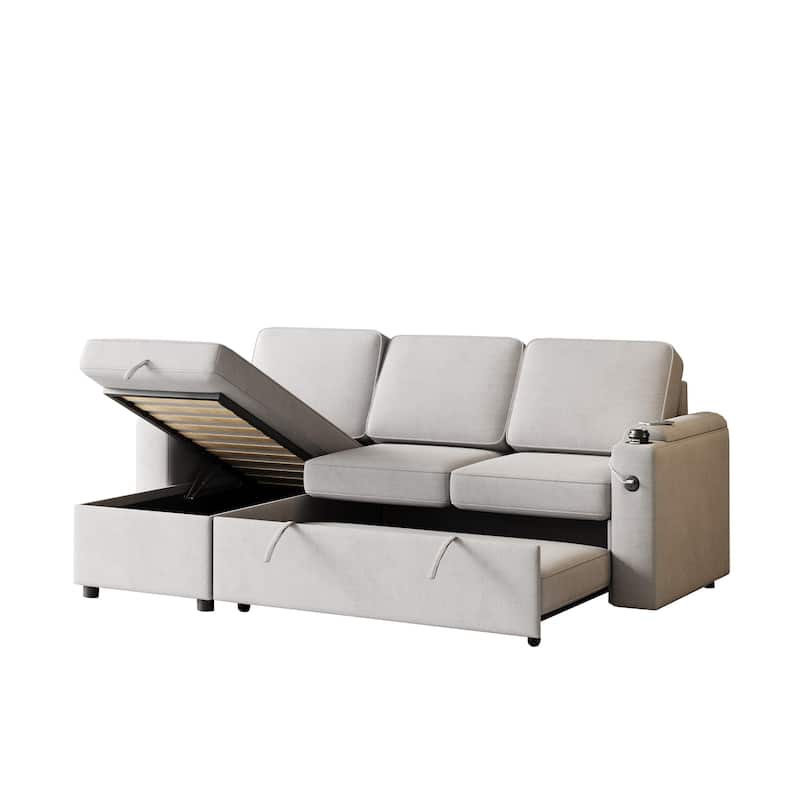 85.8" Sleeper Sectional Sofa with Storage Chaise, Armrest, Charging Port