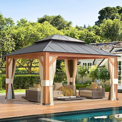 Premium Outdoor Gazebo Pergola with Galvanized Steel Roof, Wooden Coated Aluminum Frame, Privacy Curtains, and Nettings Included