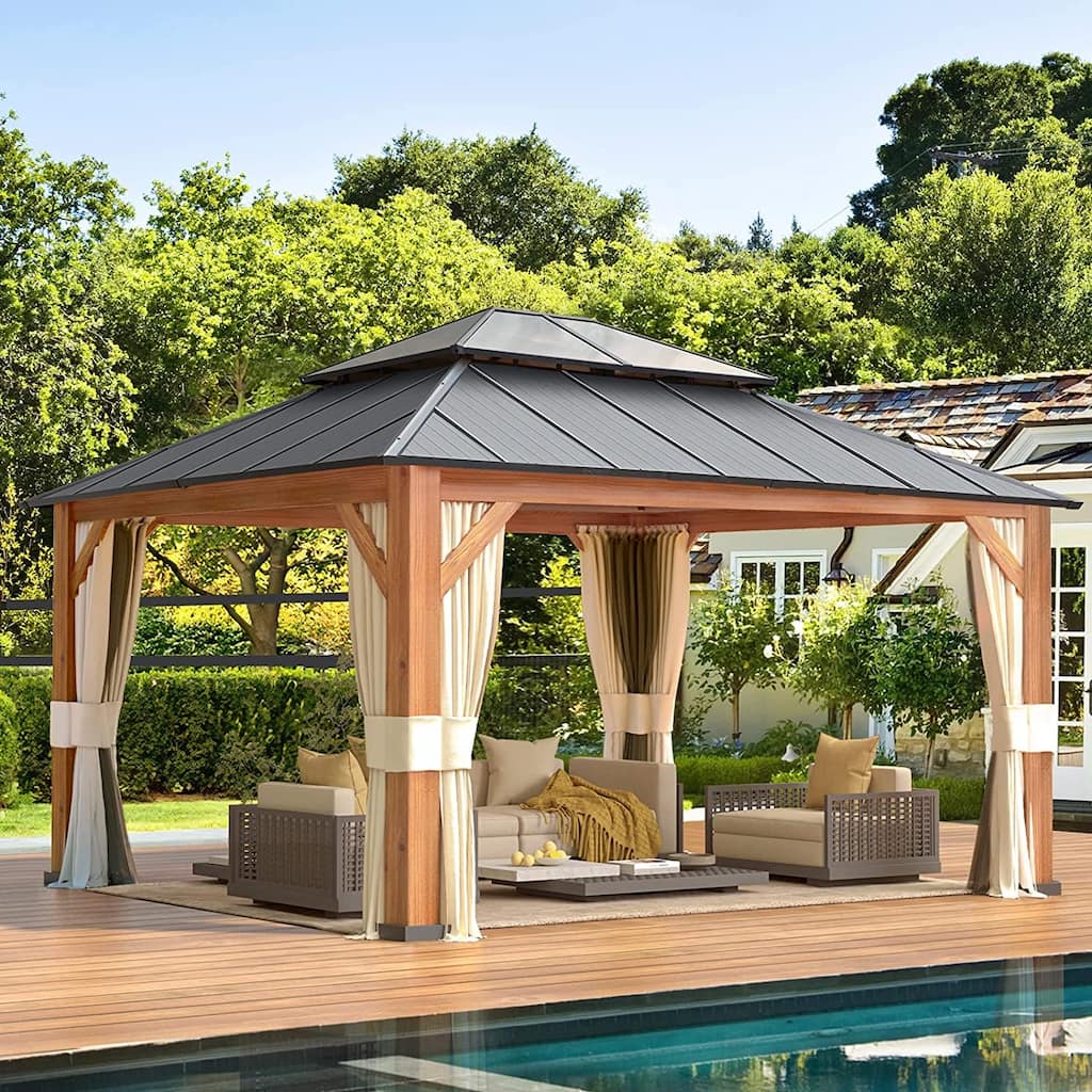 Premium Outdoor Gazebo Pergola with Galvanized Steel Roof, Wooden Coated Aluminum Frame, Privacy Curtains, and Nettings Included