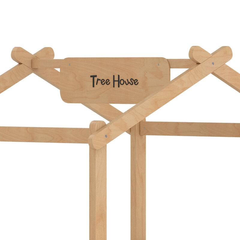 Twin Size Floor Bed with Guardrails and Roof, Kids House Floor Bed with a Small Built-in Tray and Free-installed Signboard