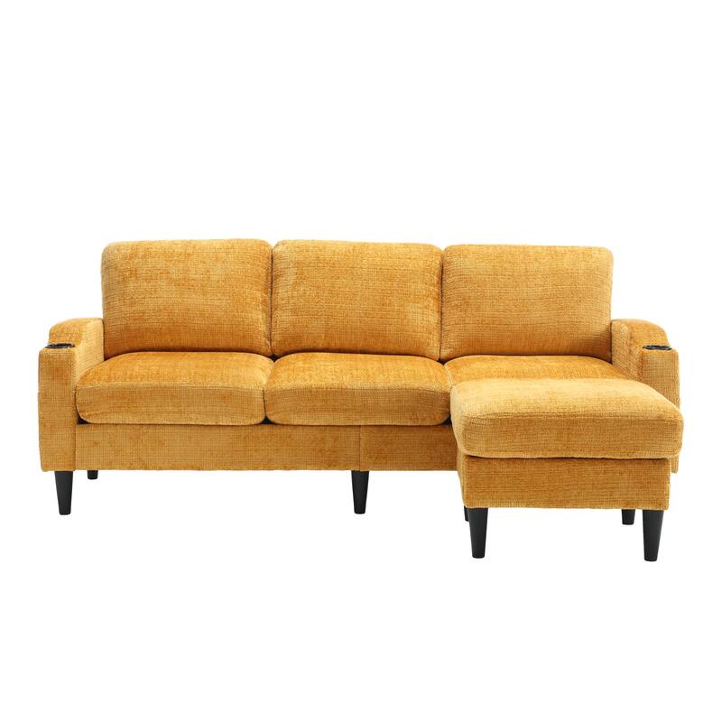 Modular Sectional Sofa with Storage Ottoman, Comfy Chenille Fabric Sofa, 3-Seater Sofa with Side Pockets & 2 Cup Holders