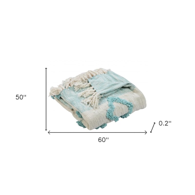 HomeRoots 50" X 60" Aqua And Off White Cotton Woven Geometric Throw Blanket with Fringe