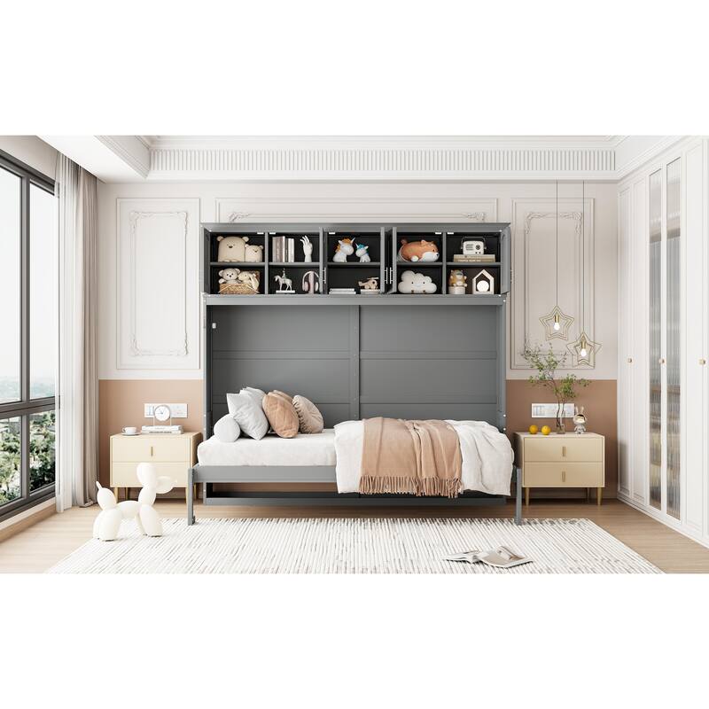 Queen Murphy Wall Bed with Top Cabinets Space Saving Design Easy Storage