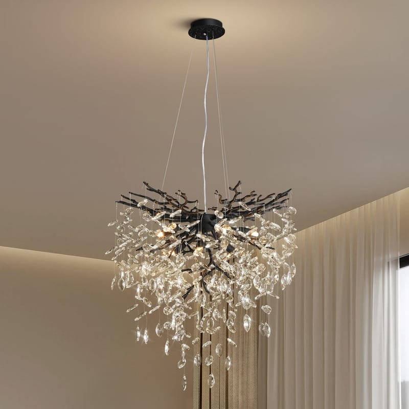 Modern Round Branch Crystal Chandelier, 600-1200mm Diameter, Marquise Cut Crystal Pendant Light - 24in - Black