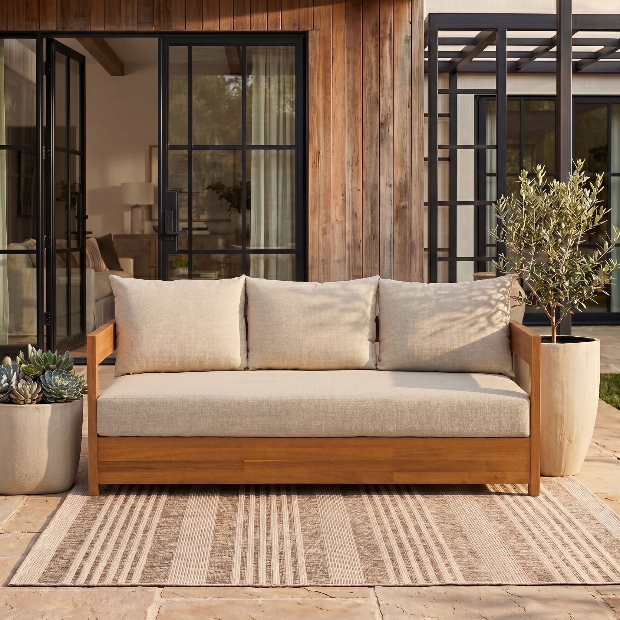 ココヤシ 約60cm SAFAVIEH Couture Guadeloupe Outdoor Teak 3-Seat Sofa - 84