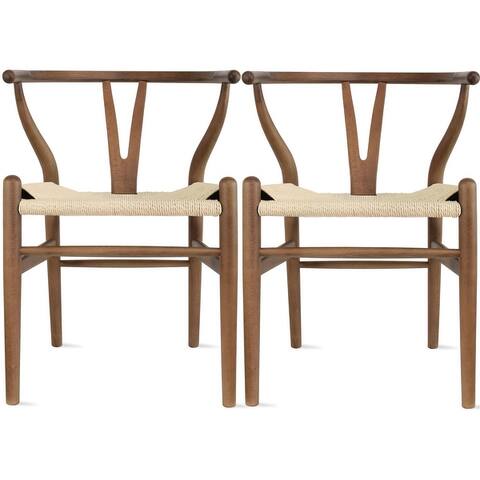 Set of 2 Modern Wood Elbow Chair Y Back For Kitchen Dining Room With Woven Wish Bone Seat Bedroom Restaurant Kitchen