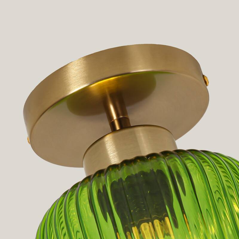 5.9" Wide Vintage Gold Semi Ceiling Light Flush Mount with Green Glass - D 5.9" x H 7.7"