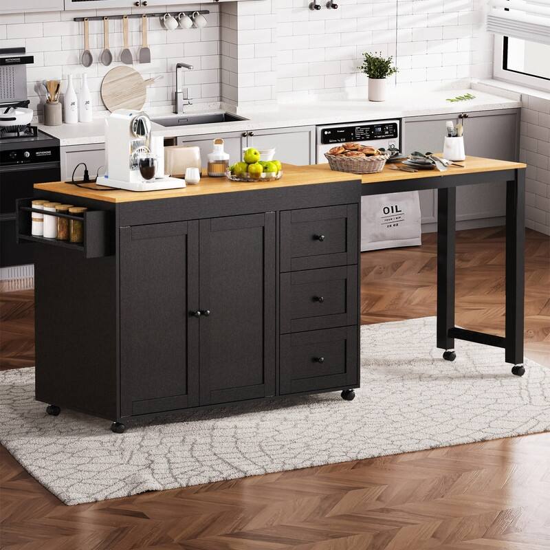 74.8" Kitchen Island with Extendable Dining Table, Rolling Kitchen Storage Cart with 3 Drawers, Power Out and Spice Rack - Black
