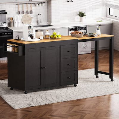 74.8" Kitchen Island with Extendable Dining Table, Rolling Kitchen Storage Cart with 3 Drawers, Power Out and Spice Rack