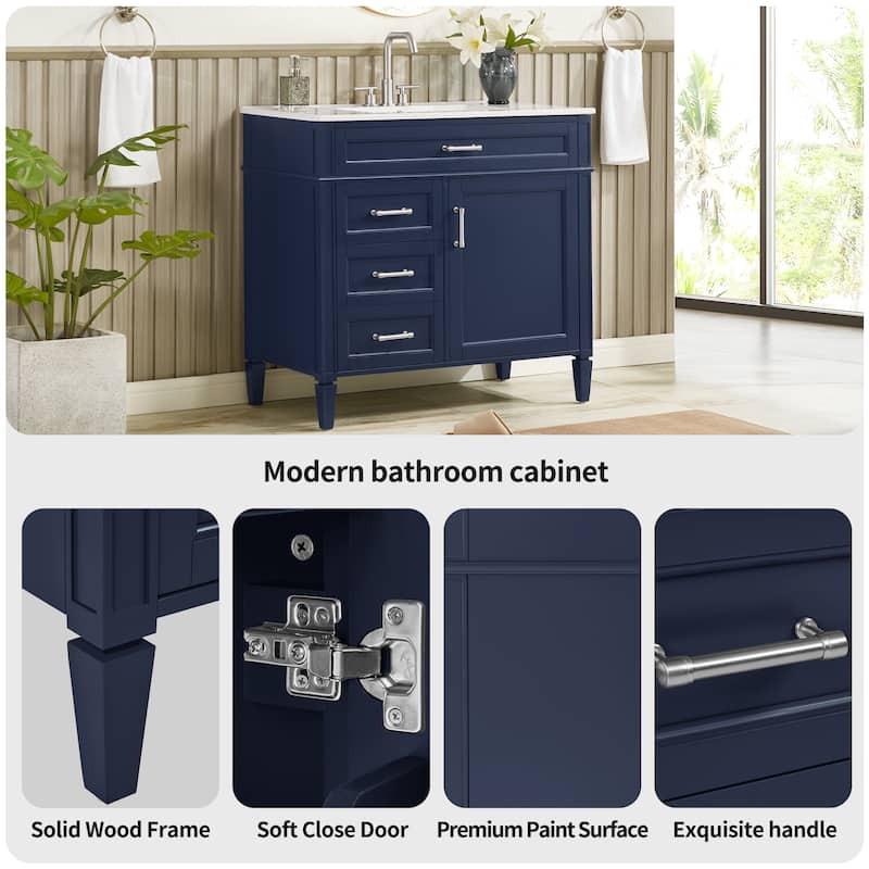 Modern 36" Freestanding Bathroom Vanity Cabinet Wood Frame with Ceramic Sink and Divided Drawers
